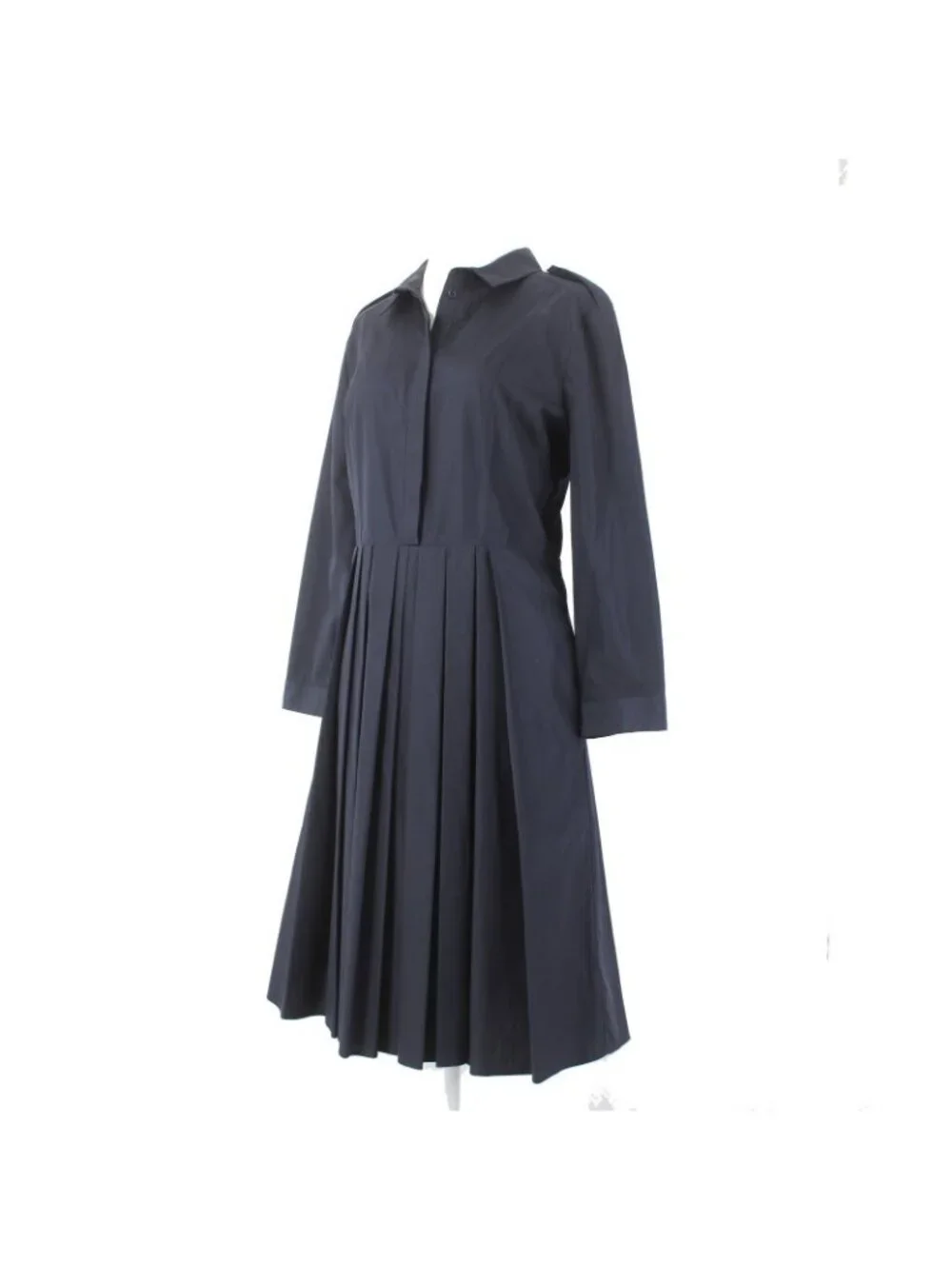 Burberry Dress Sz 12 Navy Blue Pockets Pleated Collared 100% Cotton Dress - Picture 4 of 16